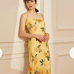Simple Retro Yellow Floral Cowl Neck Slip Dress Midi XS
